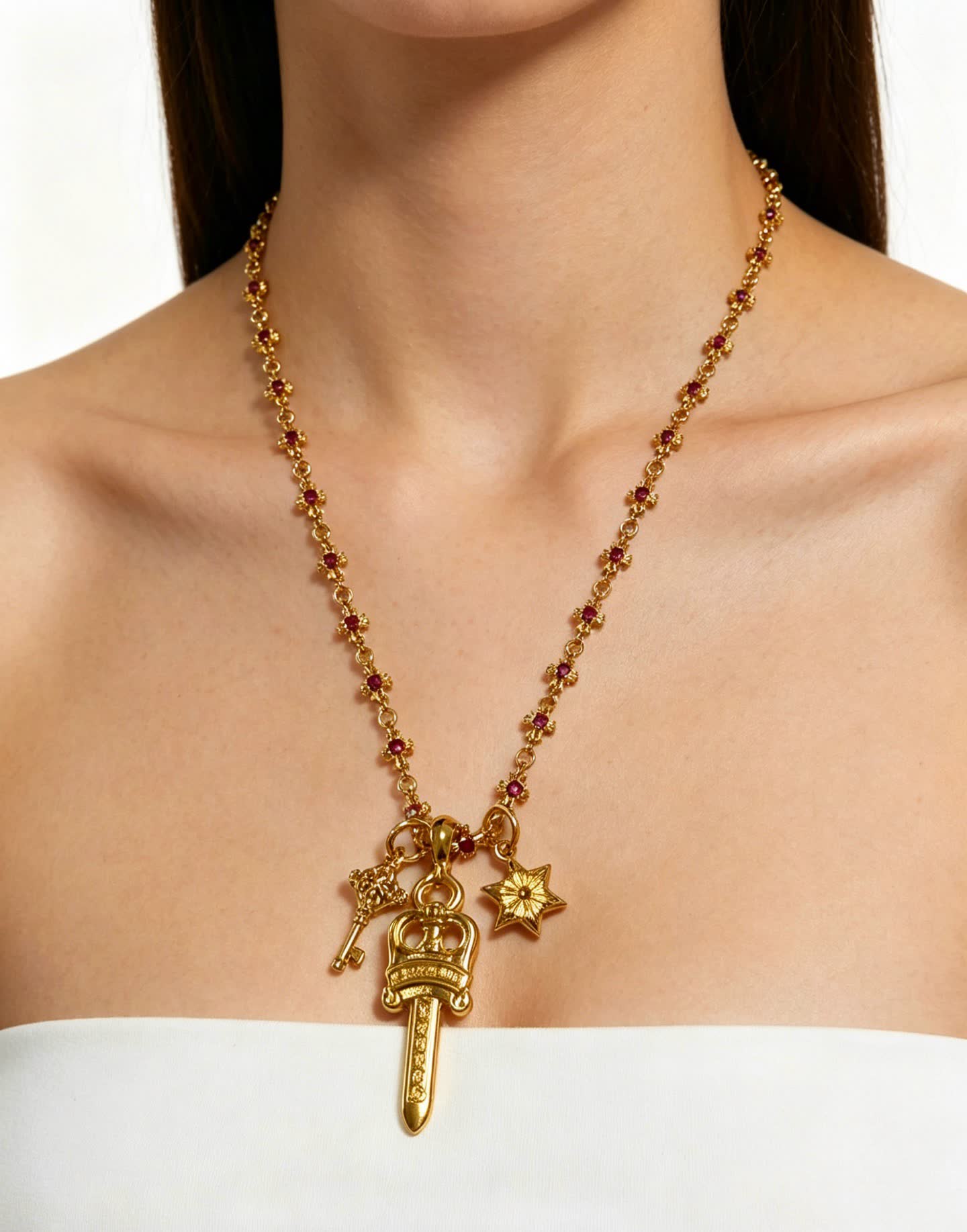 Chrome Hearts Royal Gold and Ruby Necklace with Sword Pendant